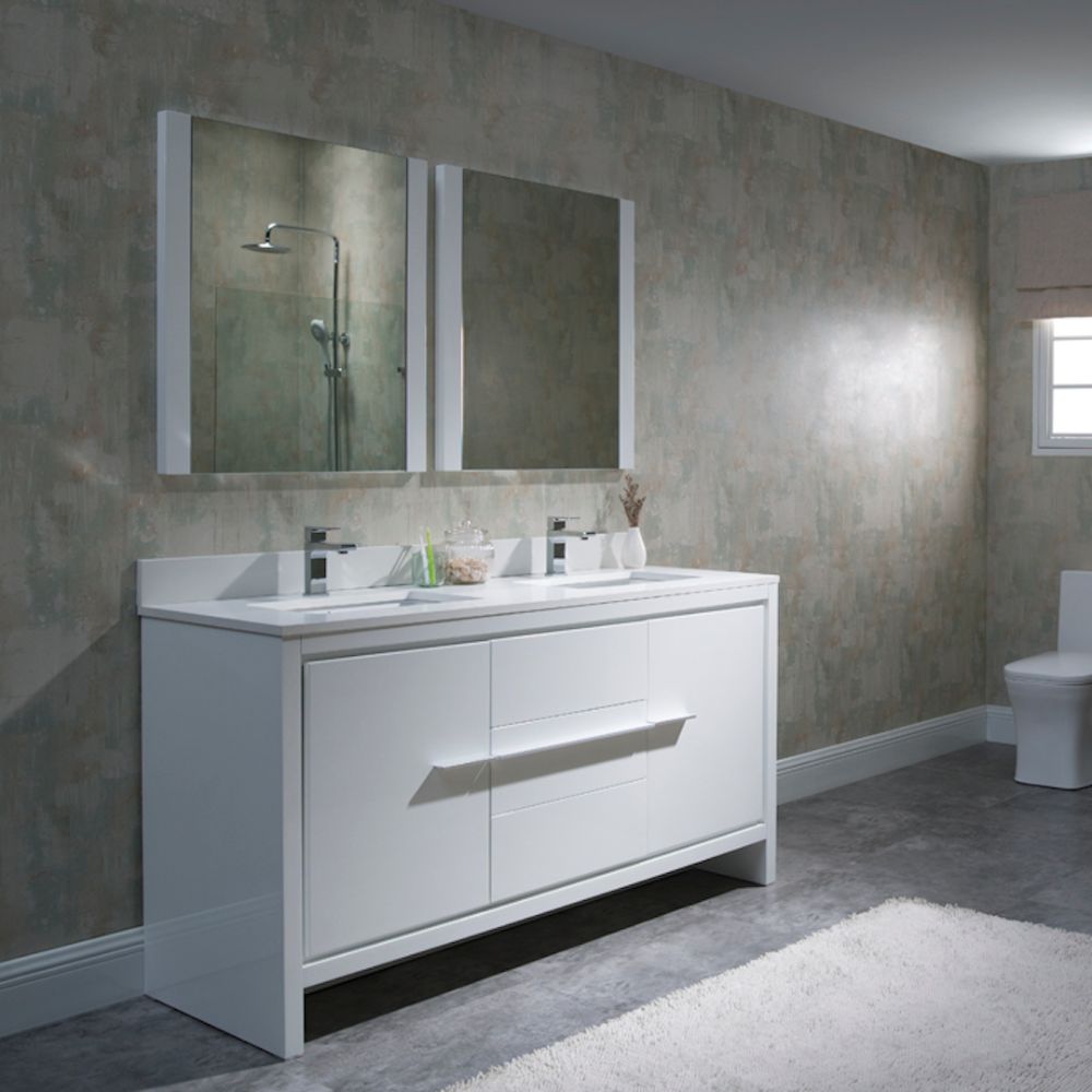 Milan Modern 60" Glossy White Double Bathroom Vanity Set with Mirrors