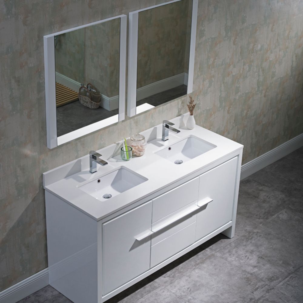 Milan Modern 60" Glossy White Double Bathroom Vanity Set with Mirrors