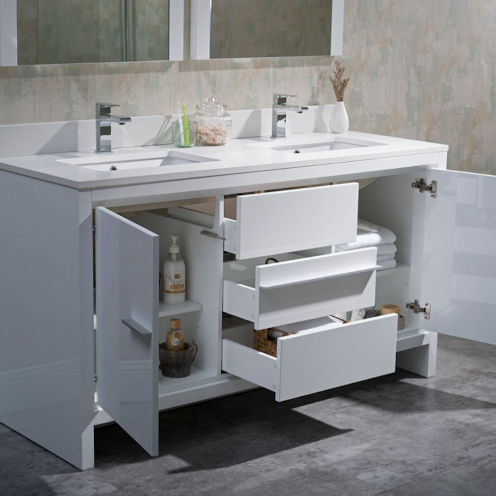 Milan Modern 60" Glossy White Double Bathroom Vanity Set with Mirrors