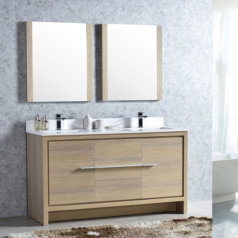 Milan Modern 60" Briccole Oak Double Bathroom Vanity Set with Mirrors