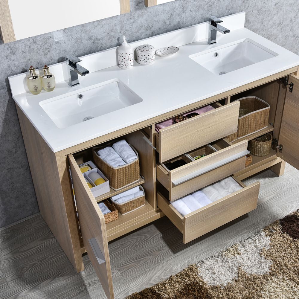 Milan Modern 60" Briccole Oak Double Bathroom Vanity Set with Mirrors