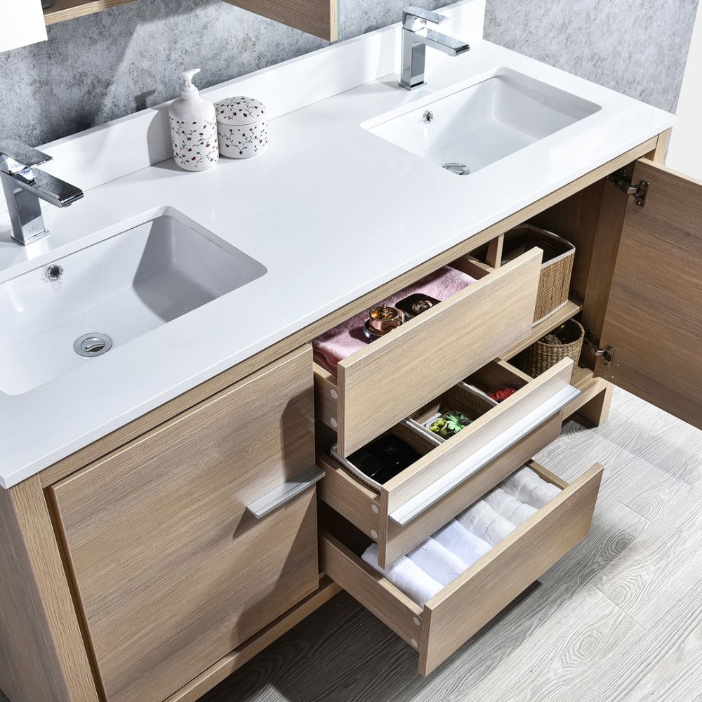 Milan Modern 60" Briccole Oak Double Bathroom Vanity Set with Mirrors