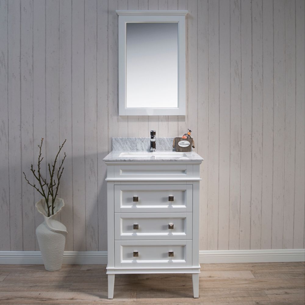 Bordeaux 24" Matte White Bathroom Vanity Set with Mirror and White Carrara Marble Countertop