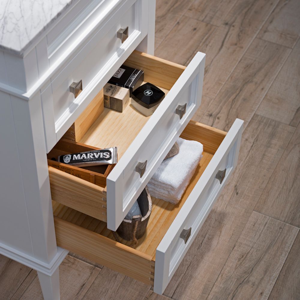 Bordeaux 24" Matte White Bathroom Vanity Set with Mirror and White Carrara Marble Countertop