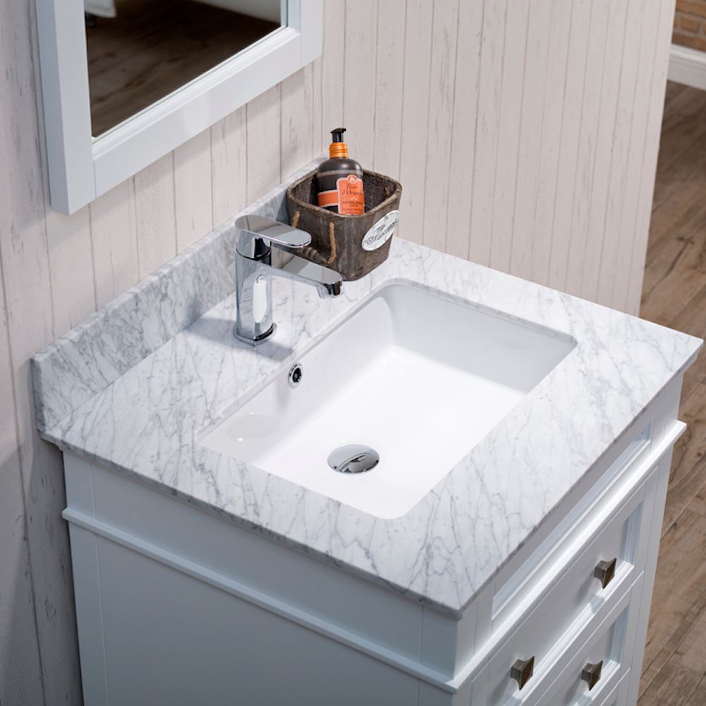 Bordeaux 24" Matte White Bathroom Vanity Set with Mirror and White Carrara Marble Countertop