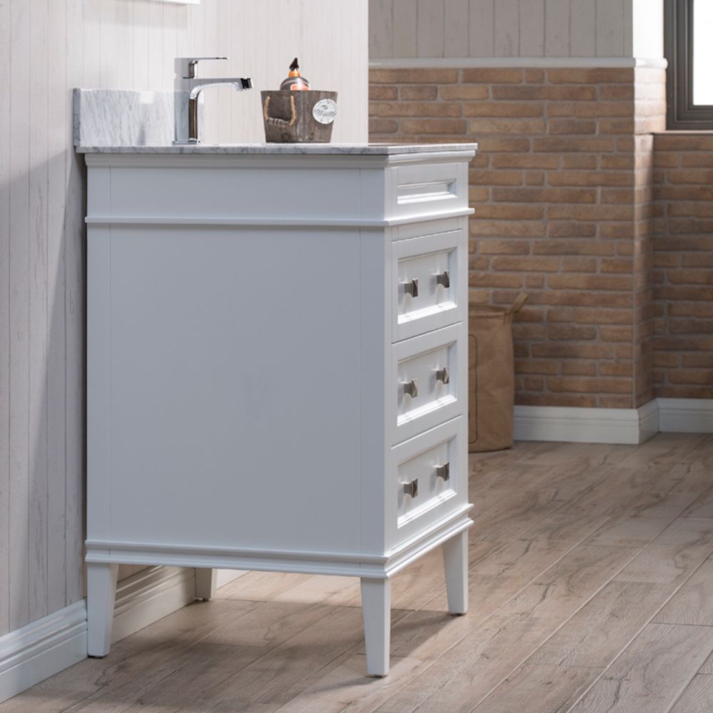 Bordeaux 24" Matte White Bathroom Vanity Set with Mirror and White Carrara Marble Countertop