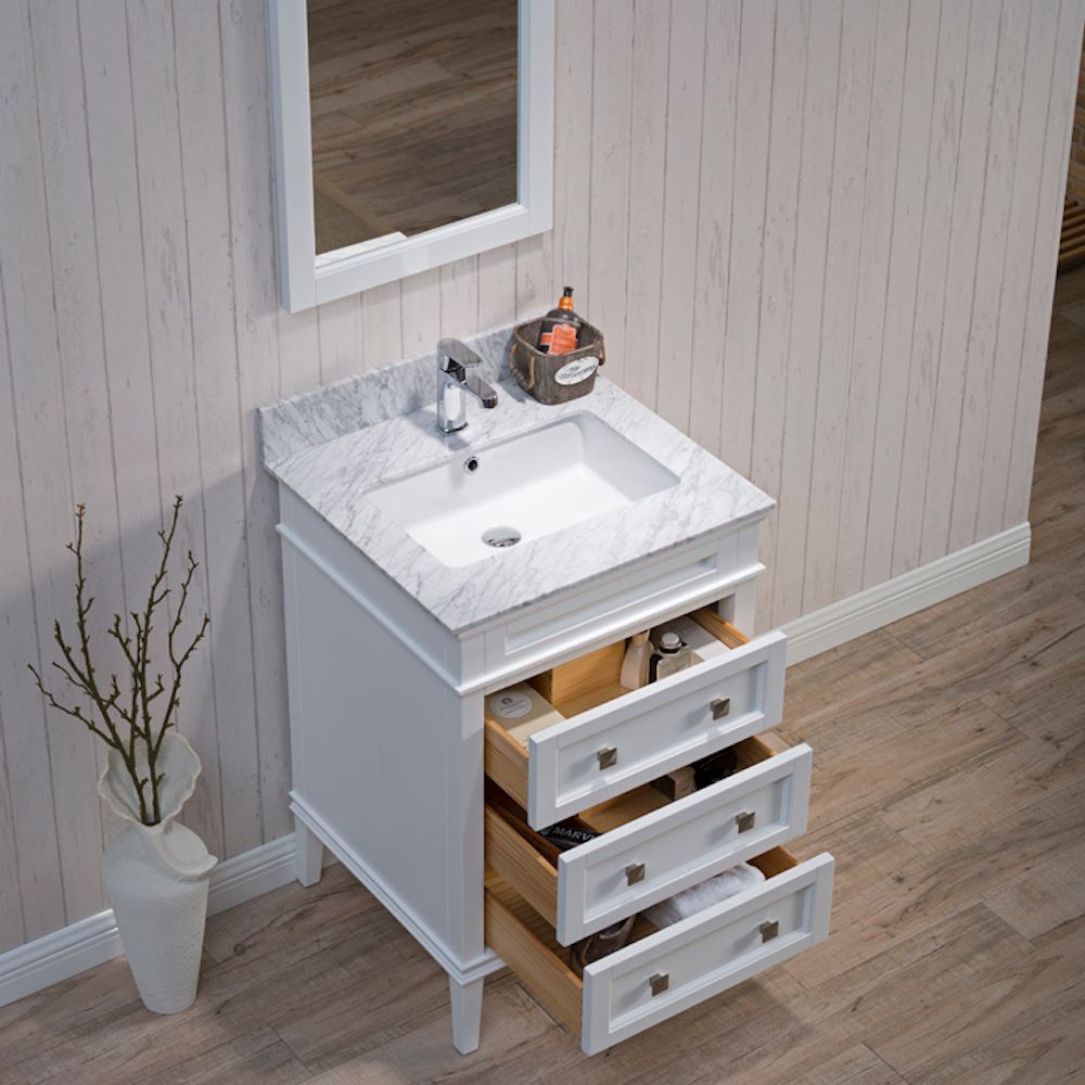 Bordeaux 24" Matte White Bathroom Vanity Set with Mirror and White Carrara Marble Countertop