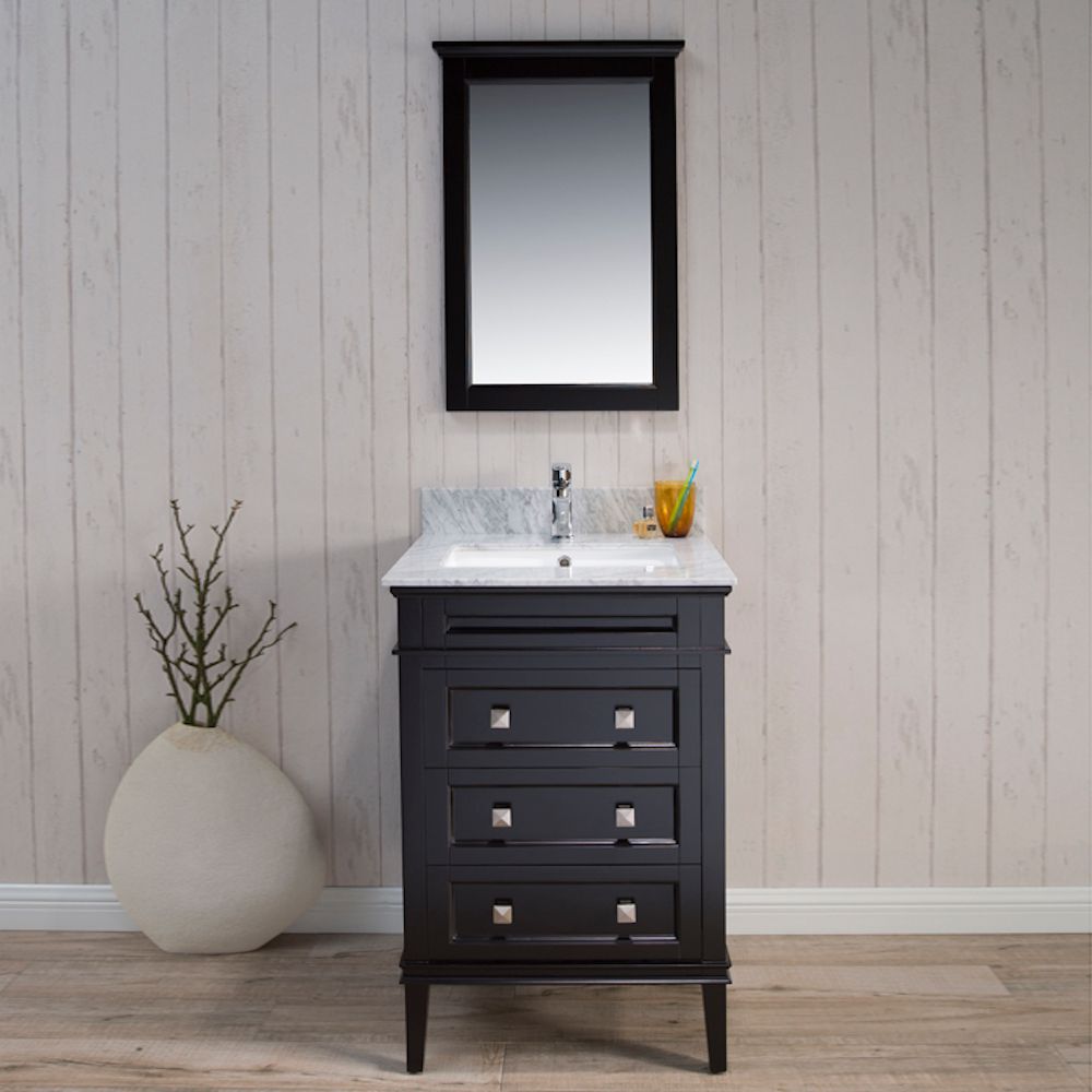 Bordeaux 24" Espresso Bathroom Vanity Set with Mirror and White Carrara Marble Countertop