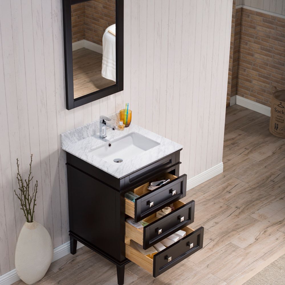 Bordeaux 24" Espresso Bathroom Vanity Set with Mirror and White Carrara Marble Countertop