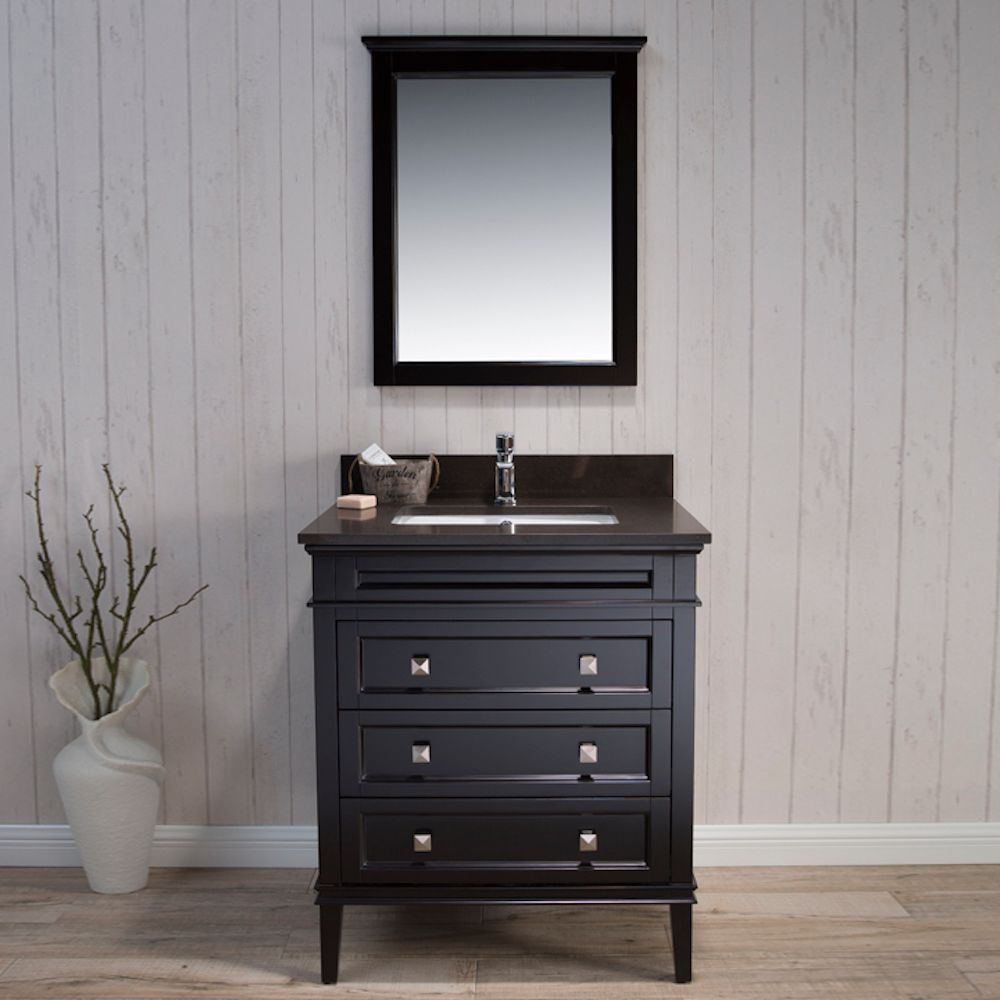 Bordeaux 30" Espresso Bathroom Vanity Set with Mirror and Mocha Woodland Quartz Countertop