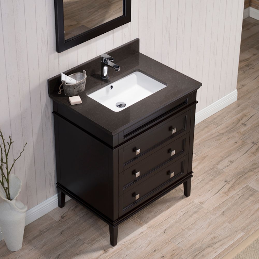 Bordeaux 30" Espresso Bathroom Vanity Set with Mirror and Mocha Woodland Quartz Countertop