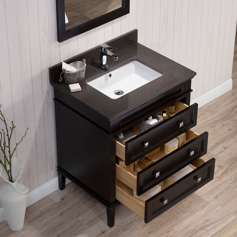 Bordeaux 30" Espresso Bathroom Vanity Set with Mirror and Mocha Woodland Quartz Countertop