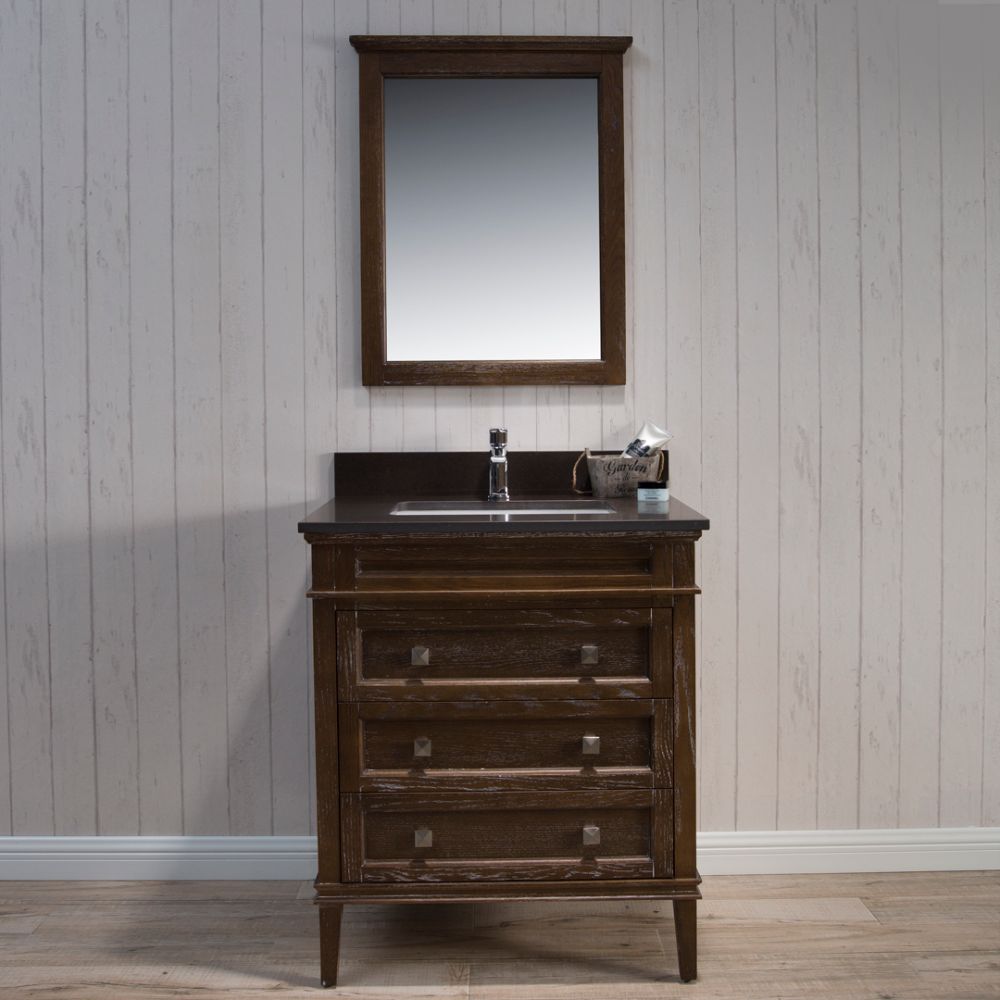 Bordeaux 30" Black Red Oak Bathroom Vanity Set with Mirror and Mocha Woodland Quartz Countertop