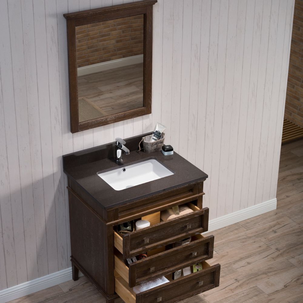 Bordeaux 30" Black Red Oak Bathroom Vanity Set with Mirror and Mocha Woodland Quartz Countertop