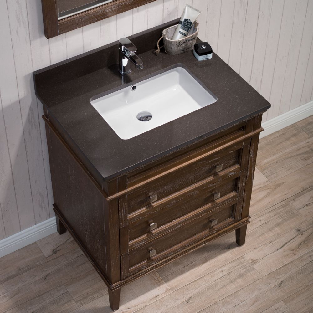 Bordeaux 30" Black Red Oak Bathroom Vanity Set with Mirror and Mocha Woodland Quartz Countertop