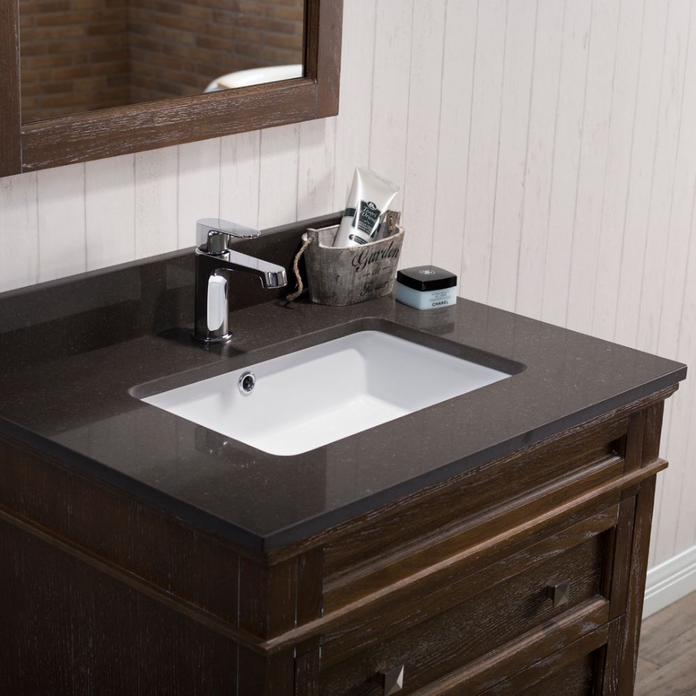 Bordeaux 30" Black Red Oak Bathroom Vanity Set with Mirror and Mocha Woodland Quartz Countertop