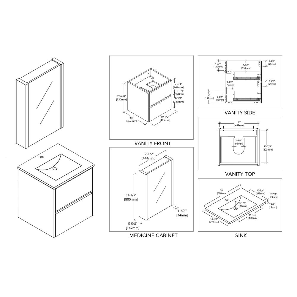 Valencia Modern 20" Bathroom Vanity Set with Medicine Cabinet Glossy White
