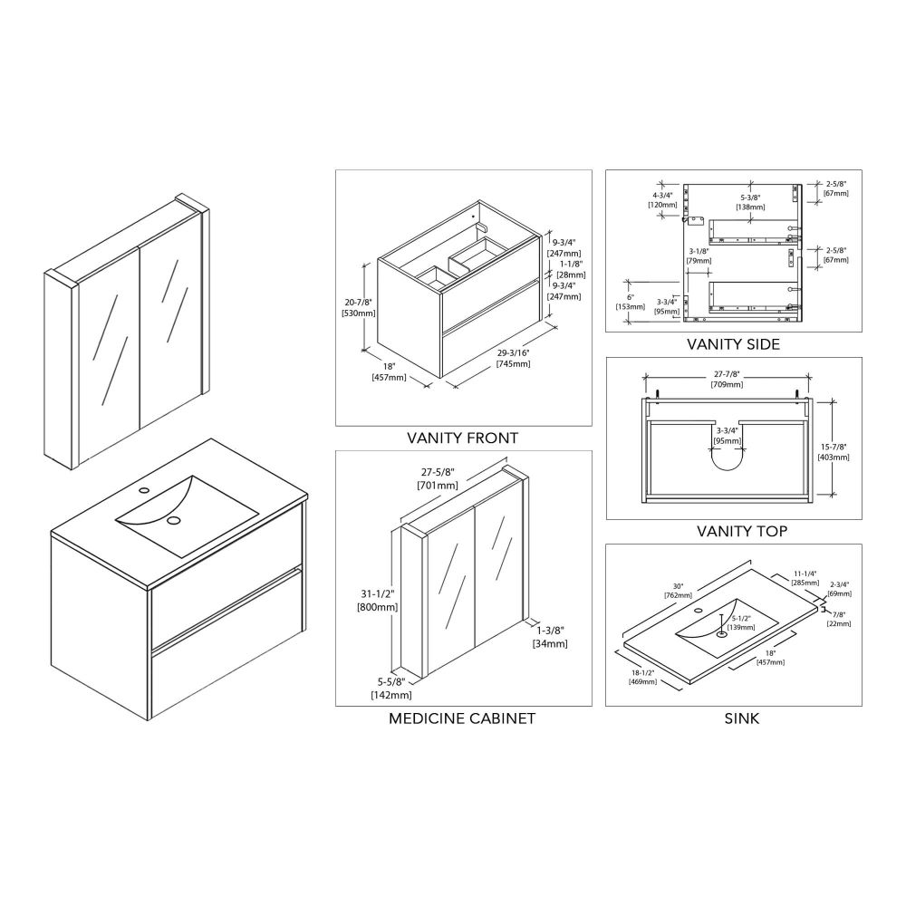 Valencia Modern 30" Bathroom Vanity Set with Medicine Cabinet Silver Gray