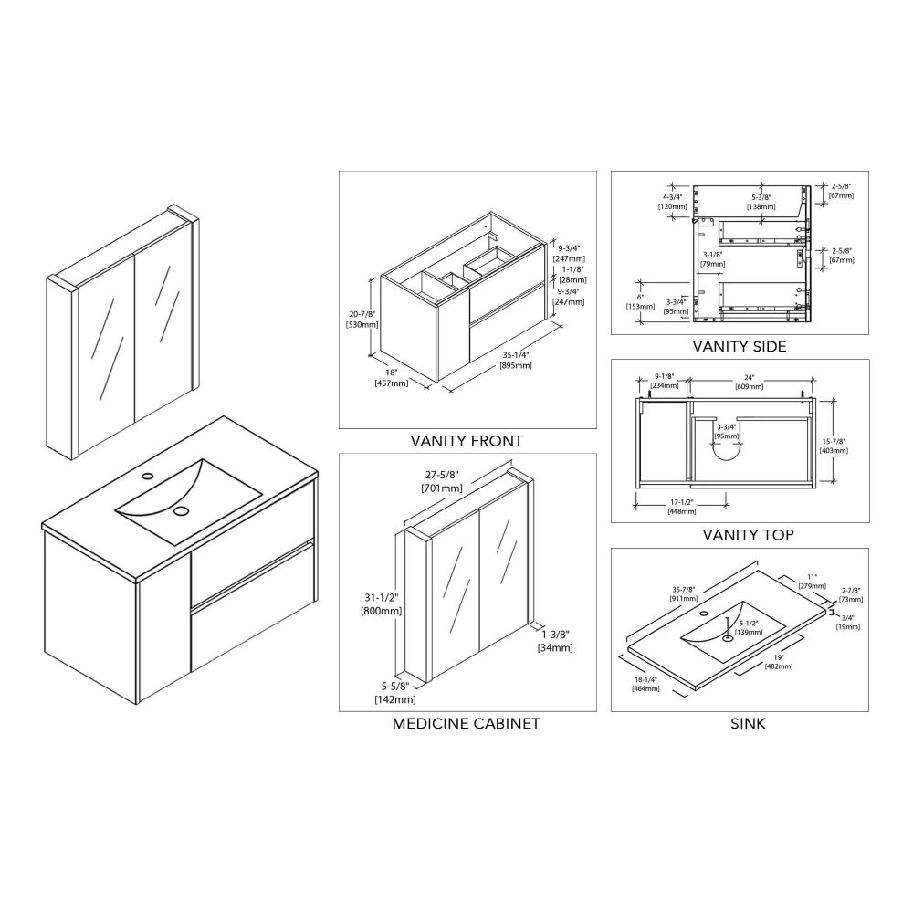 Valencia Modern 36" Bathroom Vanity Set with Medicine Cabinet Glossy White