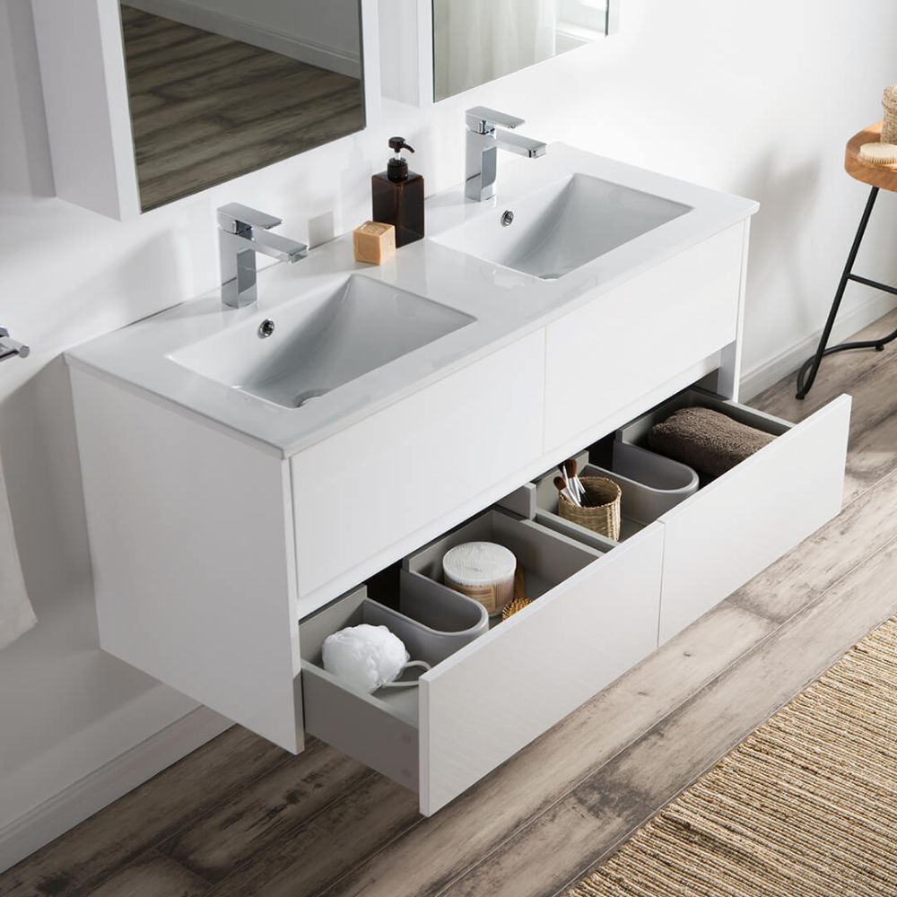 Valencia Modern 48" Double Bathroom Vanity Set with Medicine Cabinet Glossy White