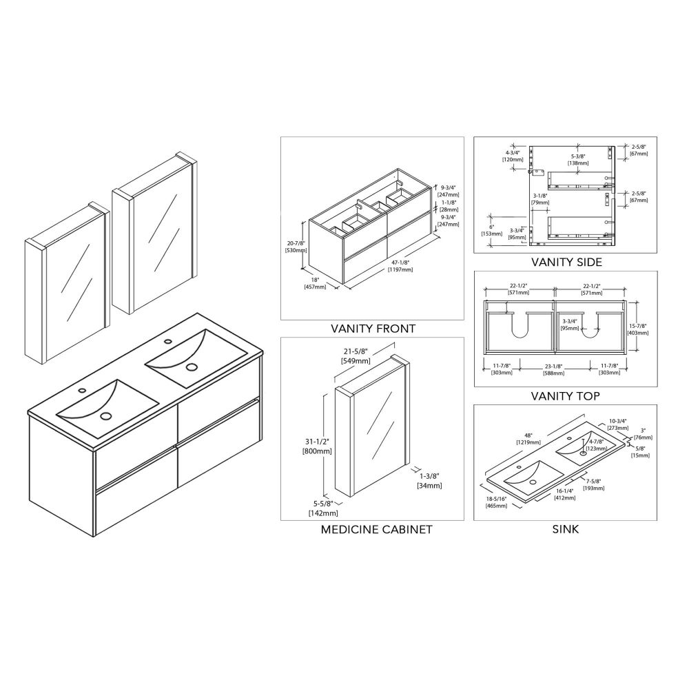 Valencia Modern 48" Double Bathroom Vanity Set with Medicine Cabinet Glossy White