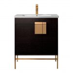Shawbridge 30″ Modern Bathroom Vanity Black Oak Straight Grain with Satin Brass Hardware
