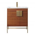 Shawbridge 30″ Modern Bathroom Vanity Spicy Walnut with Satin Brass Hardware
