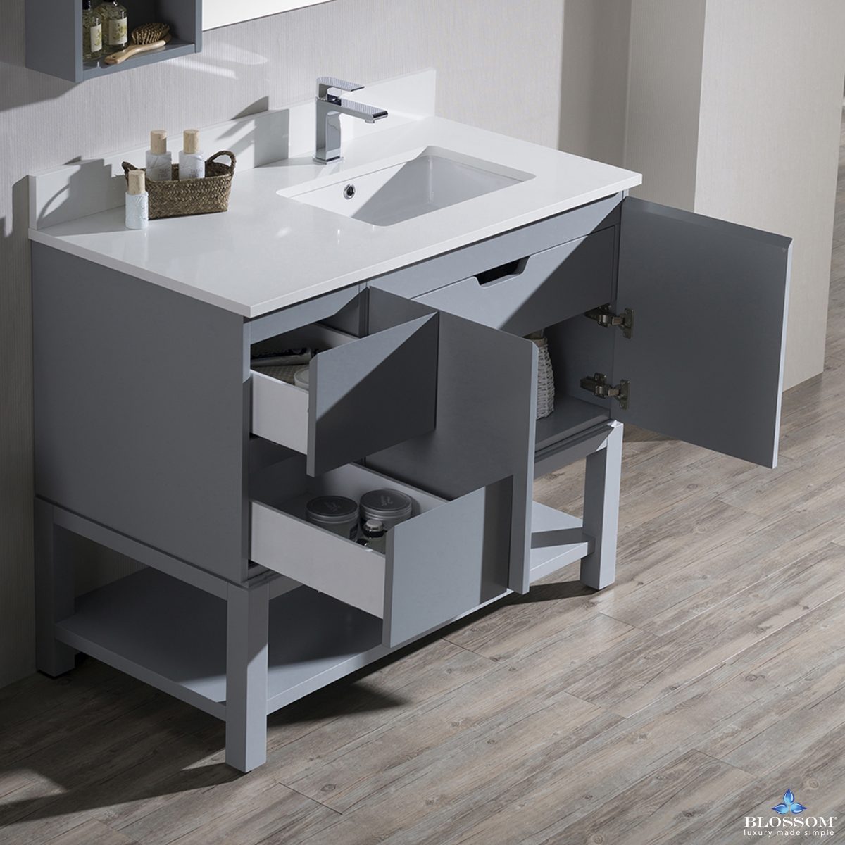 Monaco Modern 42" Metal Gray Right Bathroom Vanity Set with Mirror, Wall Cabinet and Wood Legs