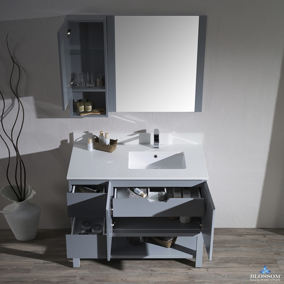 Monaco Modern 42" Metal Gray Right Bathroom Vanity Set with Mirror, Wall Cabinet and Wood Legs