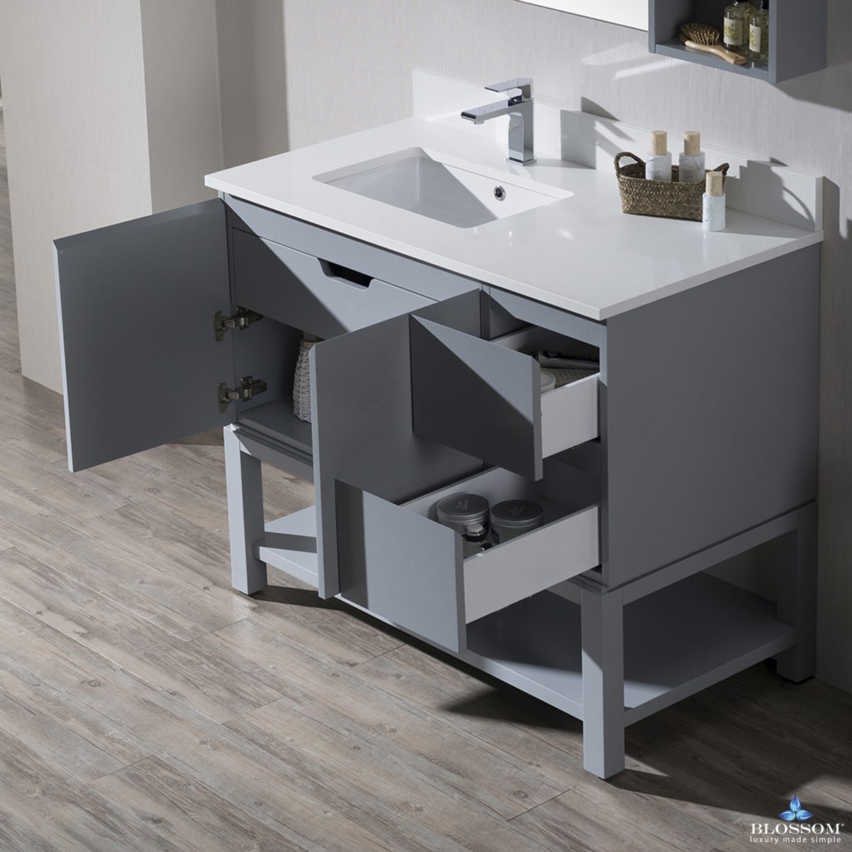 Monaco Modern 42" Metal Gray Left Bathroom Vanity Set with Mirror, Wall Cabinet and Wood Legs