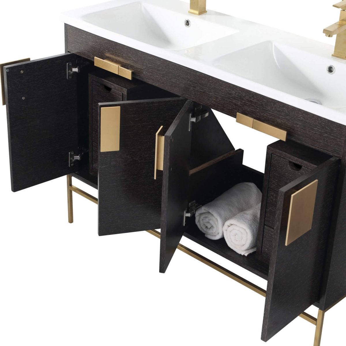 Shawbridge 48" Modern Double Bathroom Vanity  Black Oak Straight Grain with Satin Brass Hardware