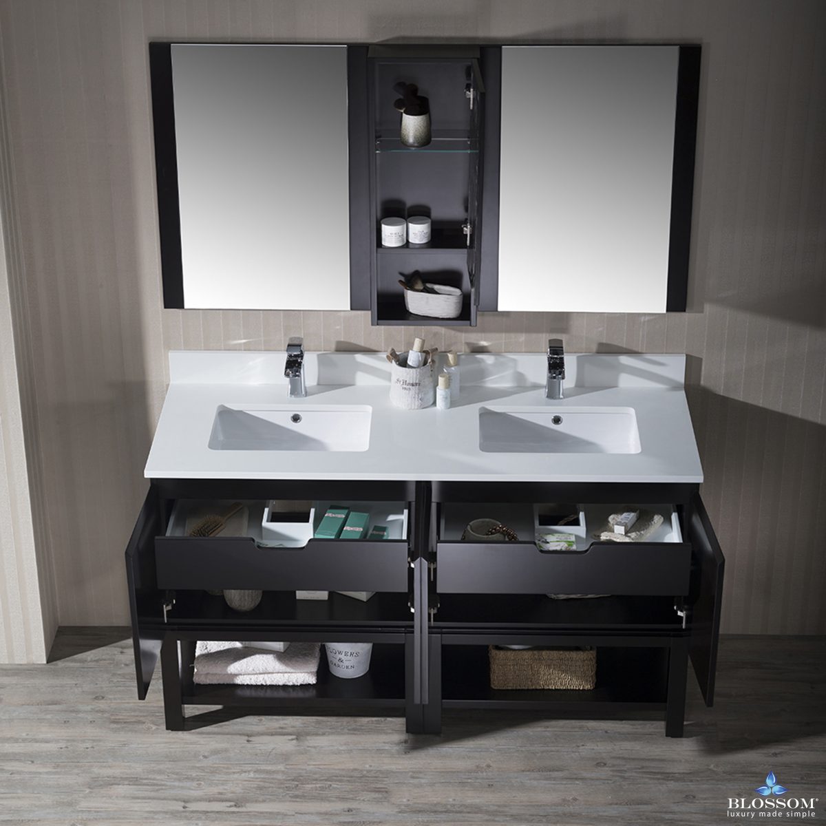 Monaco Modern 60" Espresso Double 30 Bathroom Vanity Set with Mirror and Wall Cabinet