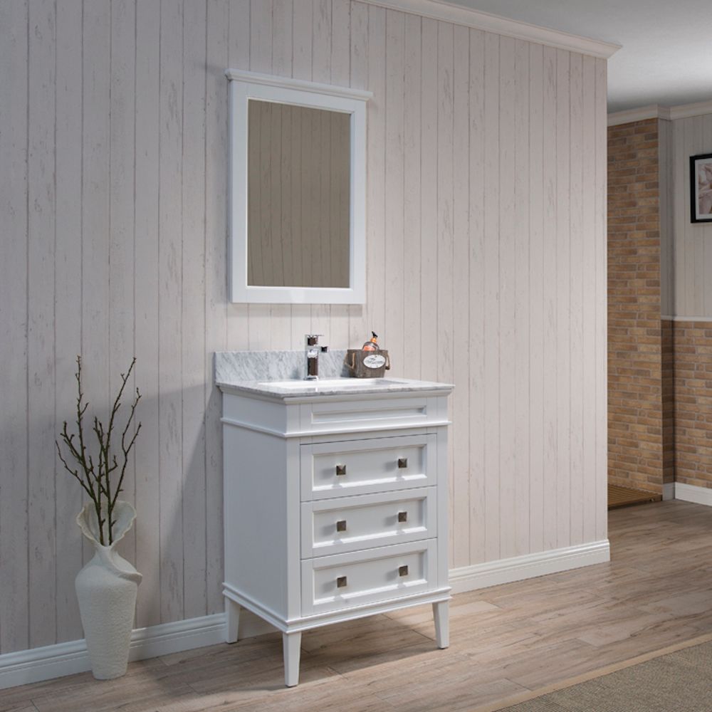 Bordeaux 24" Matte White Bathroom Vanity Set with Mirror and White Carrara Marble Countertop Bordeaux 24" Matte White Bathroom Vanity Set with Mirror and White Carrara Marble Countertop