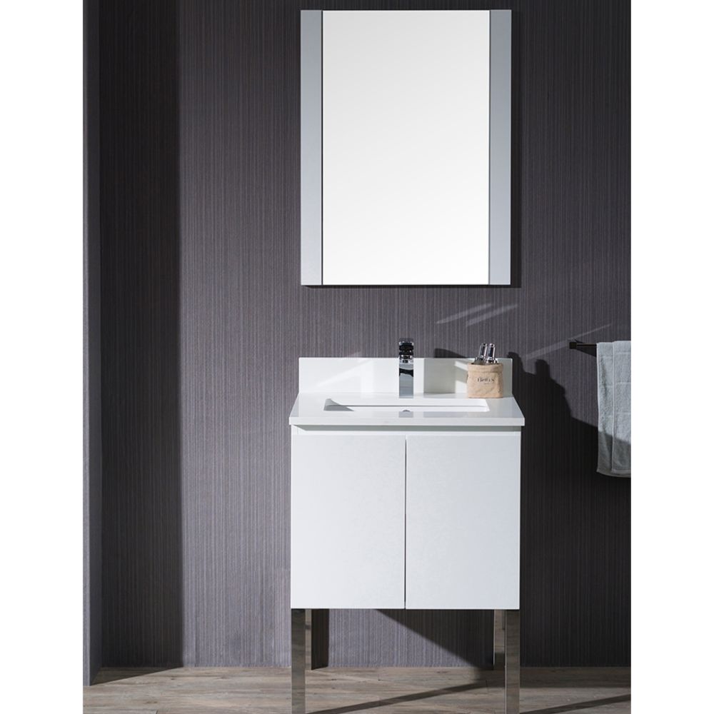 Monaco Modern 24" Bathroom Vanity Set with Mirror and Chrome Legs, Matte White Monaco Modern 24" Bathroom Vanity Set with Mirror and Chrome Legs, Matte White