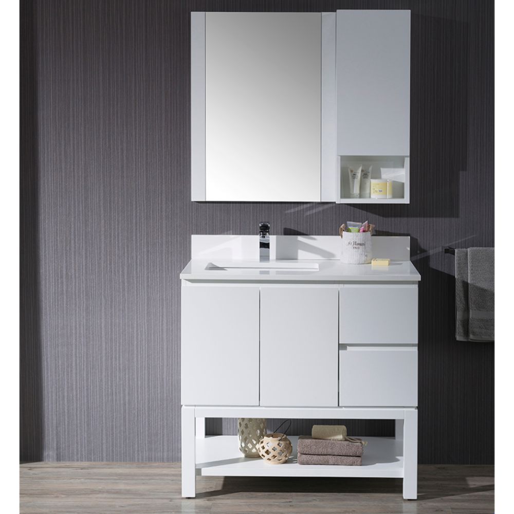 Monaco Modern 36" Matte White Left Bathroom Vanity Set with Mirror, Wall Cabinet and Wood Legs Monaco Modern 36" Matte White Left Bathroom Vanity Set with Mirror, Wall Cabinet and Wood Legs