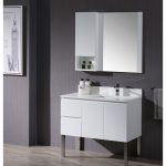 Monaco Modern 36″ Matte White Right Bathroom Vanity Set with Mirror, Wall Cabinet and Chrome Legs