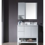 Monaco Modern 36″ Matte White Right Bathroom Vanity Set with Mirror, Wall Cabinet and Wood Legs