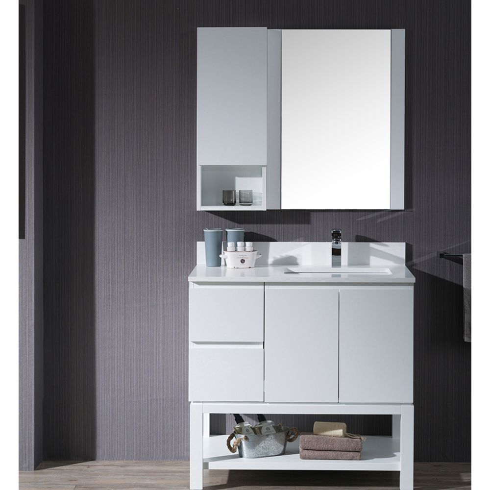 Monaco Modern 36" Matte White Right Bathroom Vanity Set with Mirror, Wall Cabinet and Wood Legs Monaco Modern 36" Matte White Right Bathroom Vanity Set with Mirror, Wall Cabinet and Wood Legs