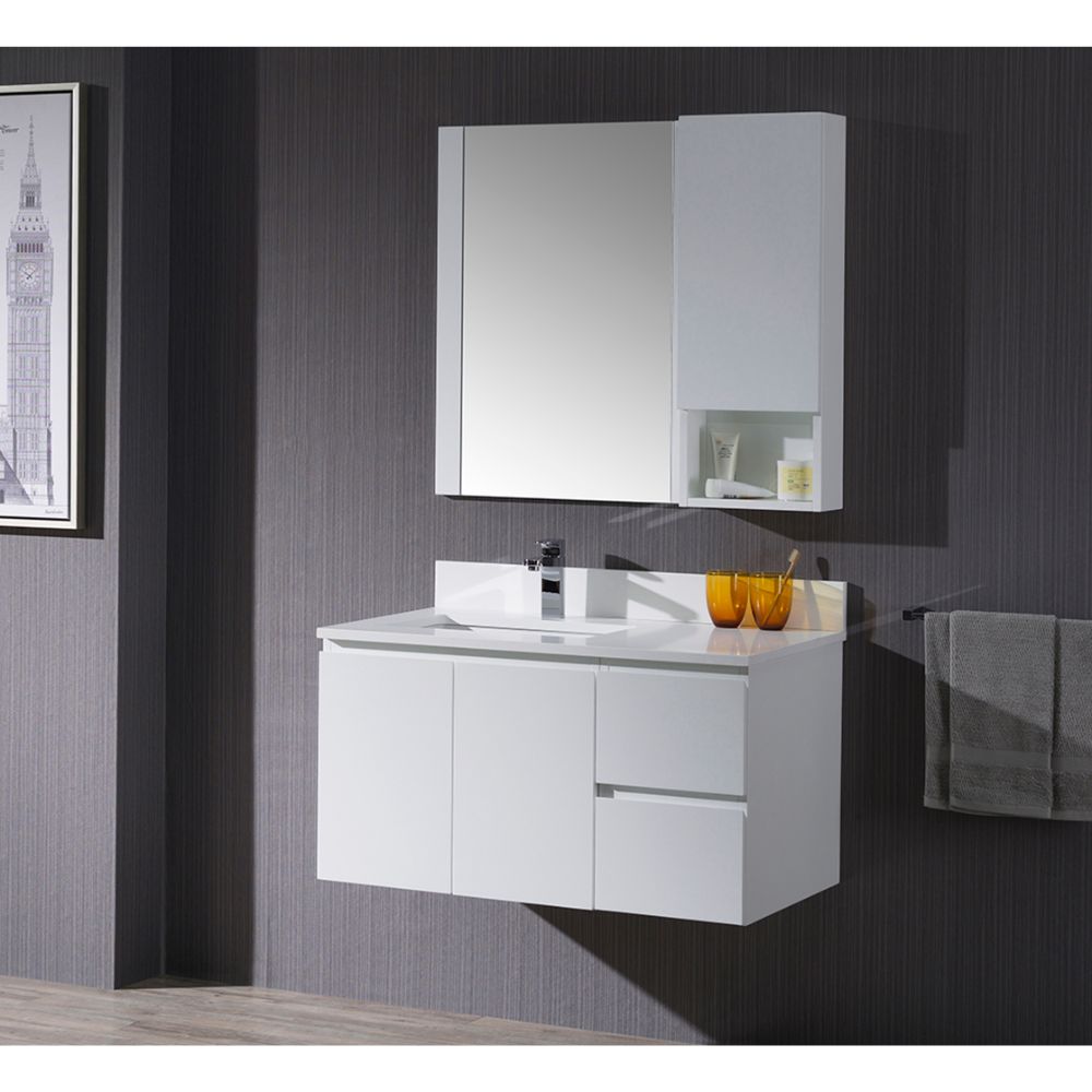 Monaco Modern 36" Matte White Wall Mount Left Bathroom Vanity Set with Mirror and Wall Cabinet Monaco Modern 36" Matte White Wall Mount Left Bathroom Vanity Set with Mirror and Wall Cabinet