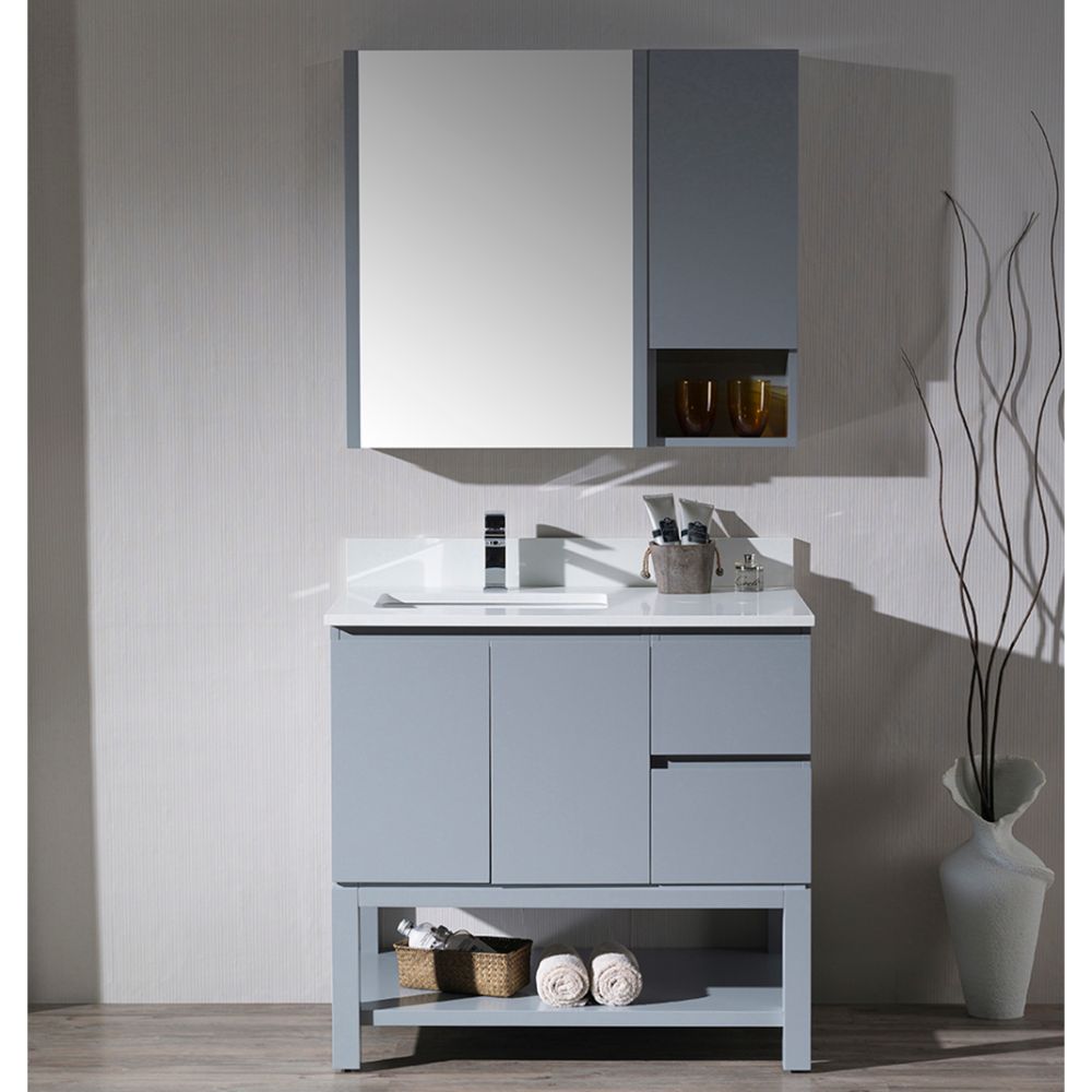 Monaco Modern 36" Metal Gray Left Bathroom Vanity Set with Mirror, Medicine Wall Cabinet and Wood Legs Monaco Modern 36" Metal Gray Left Bathroom Vanity Set with Mirror, Medicine Wall Cabinet and Wood Legs