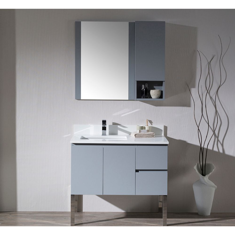 Monaco Modern 36" Metal Gray Left Bathroom Vanity Set with Mirror, Wall Cabinet and Chrome Legs Monaco Modern 36" Metal Gray Left Bathroom Vanity Set with Mirror, Wall Cabinet and Chrome Legs