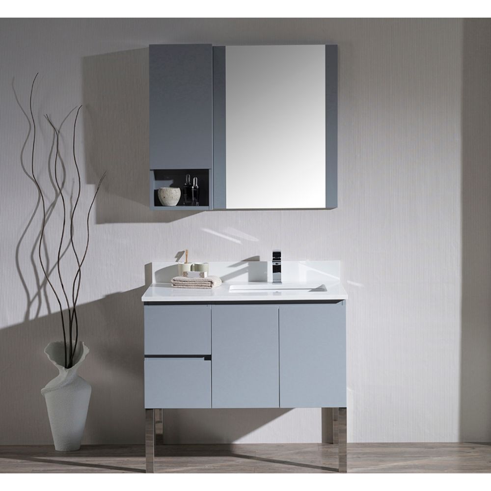 Monaco Modern 36" Metal Gray Right Bathroom Vanity Set with Mirror, Wall Cabinet and Chrome Legs Monaco Modern 36" Metal Gray Right Bathroom Vanity Set with Mirror, Wall Cabinet and Chrome Legs