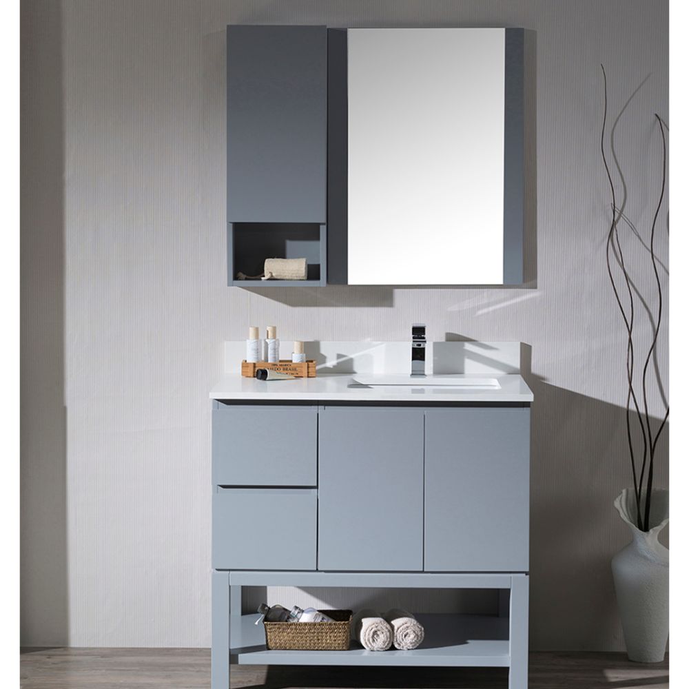Monaco Modern 36" Metal Gray Right Bathroom Vanity Set with Mirror, Wall Cabinet and Wood Legs Monaco Modern 36" Metal Gray Right Bathroom Vanity Set with Mirror, Wall Cabinet and Wood Legs
