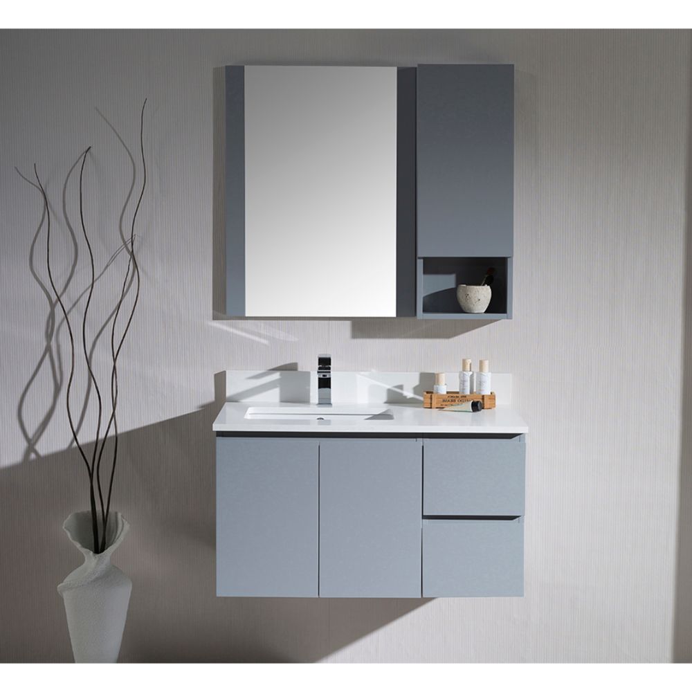 Monaco Modern 36" Metal Gray Wall Mount Left Bathroom Vanity Set with Mirror and Wall Cabinet Monaco Modern 36" Metal Gray Wall Mount Left Bathroom Vanity Set with Mirror and Wall Cabinet