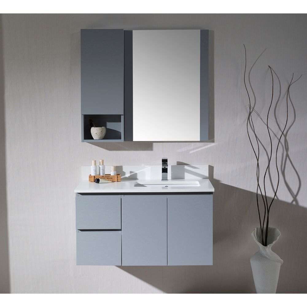 Monaco Modern 36" Metal Gray Wall Mount Right Bathroom Vanity Set with Mirror and Wall Cabinet Monaco Modern 36" Metal Gray Wall Mount Right Bathroom Vanity Set with Mirror and Wall Cabinet