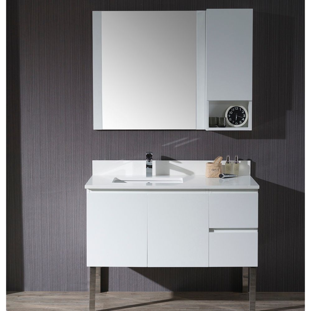 Monaco Modern 42" Matte White Left Bathroom Vanity Set with Mirror, Wall Cabinet and Chrome Legs Monaco Modern 42" Matte White Left Bathroom Vanity Set with Mirror, Wall Cabinet and Chrome Legs