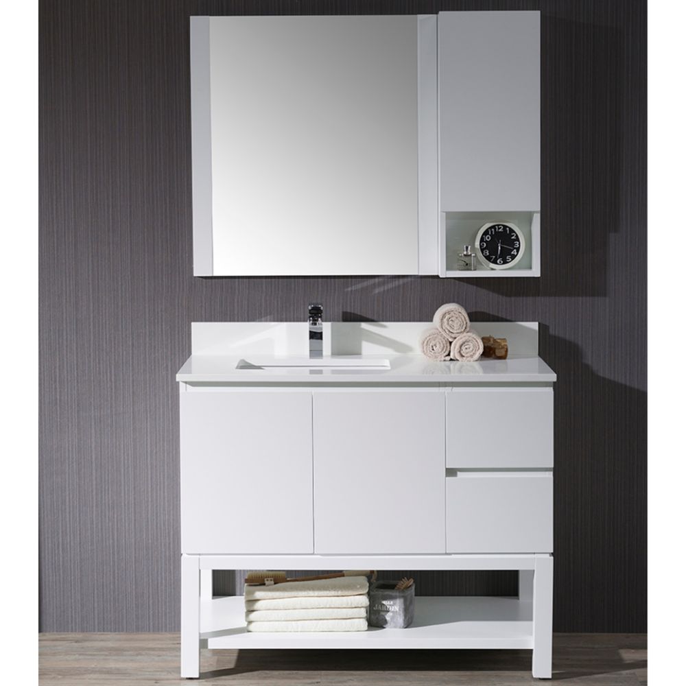 Monaco Modern 42" Matte White Left Bathroom Vanity Set with Mirror, Wall Cabinet and Wood Legs Monaco Modern 42" Matte White Left Bathroom Vanity Set with Mirror, Wall Cabinet and Wood Legs