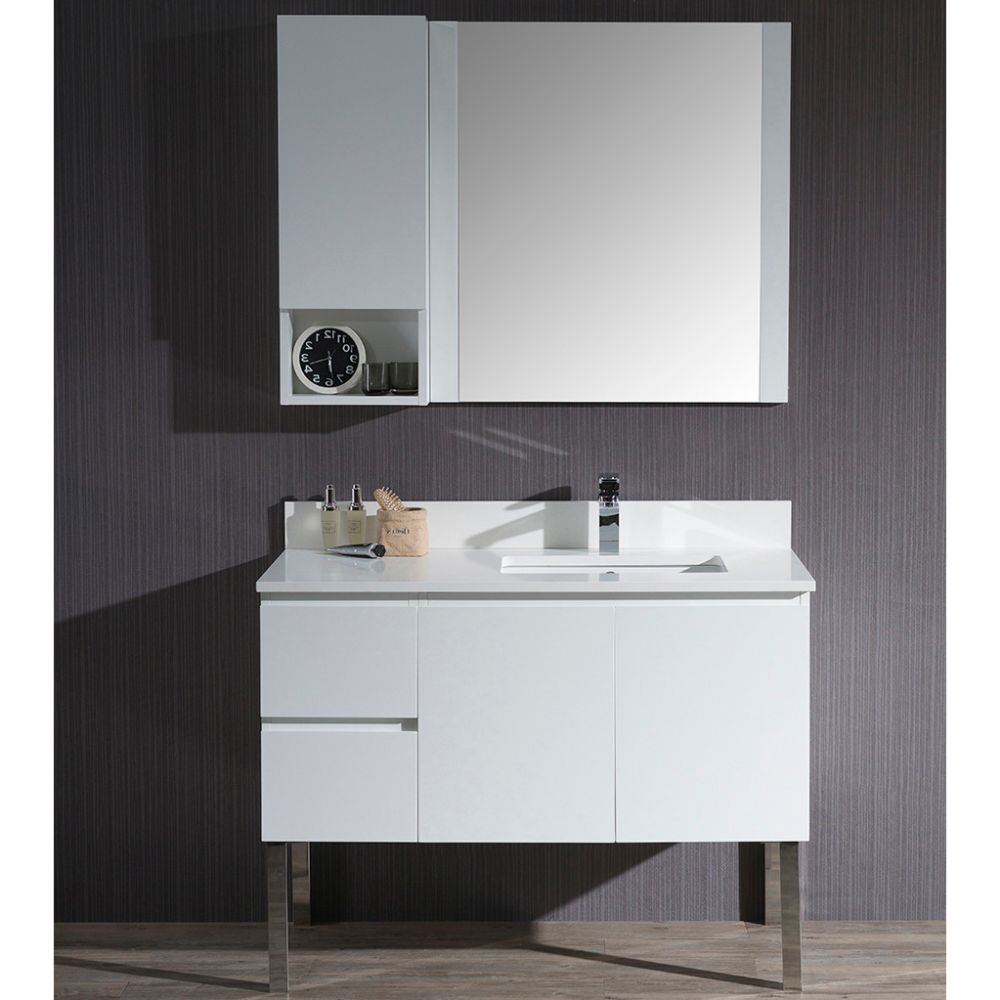 Monaco Modern 42" Matte White Right Bathroom Vanity Set with Mirror, Wall Cabinet and Chrome Legs Monaco Modern 42" Matte White Right Bathroom Vanity Set with Mirror, Wall Cabinet and Chrome Legs