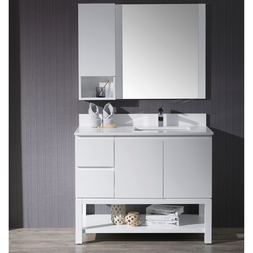 Monaco Modern 42" Matte White Right Bathroom Vanity Set with Mirror, Wall Cabinet and Wood Legs Monaco Modern 42" Matte White Right Bathroom Vanity Set with Mirror, Wall Cabinet and Wood Legs