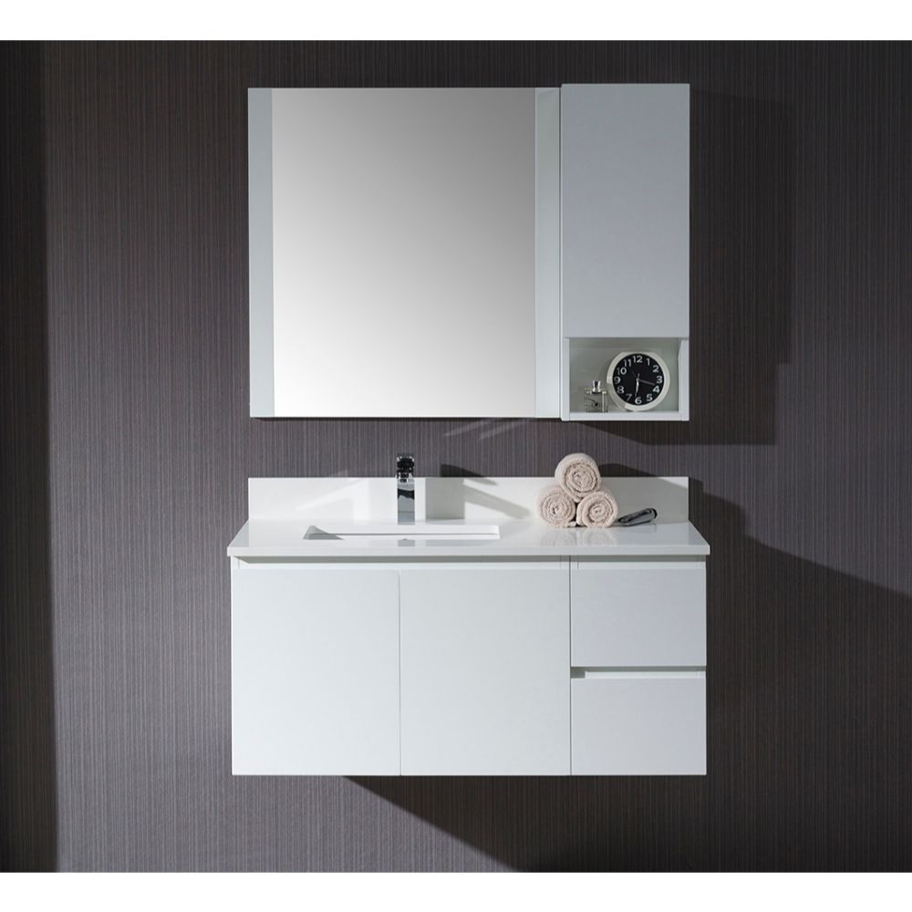 Monaco Modern 42" Matte White Wall Mount Left Bathroom Vanity Set with Mirror and Wall Cabinet Monaco Modern 42" Matte White Wall Mount Left Bathroom Vanity Set with Mirror and Wall Cabinet